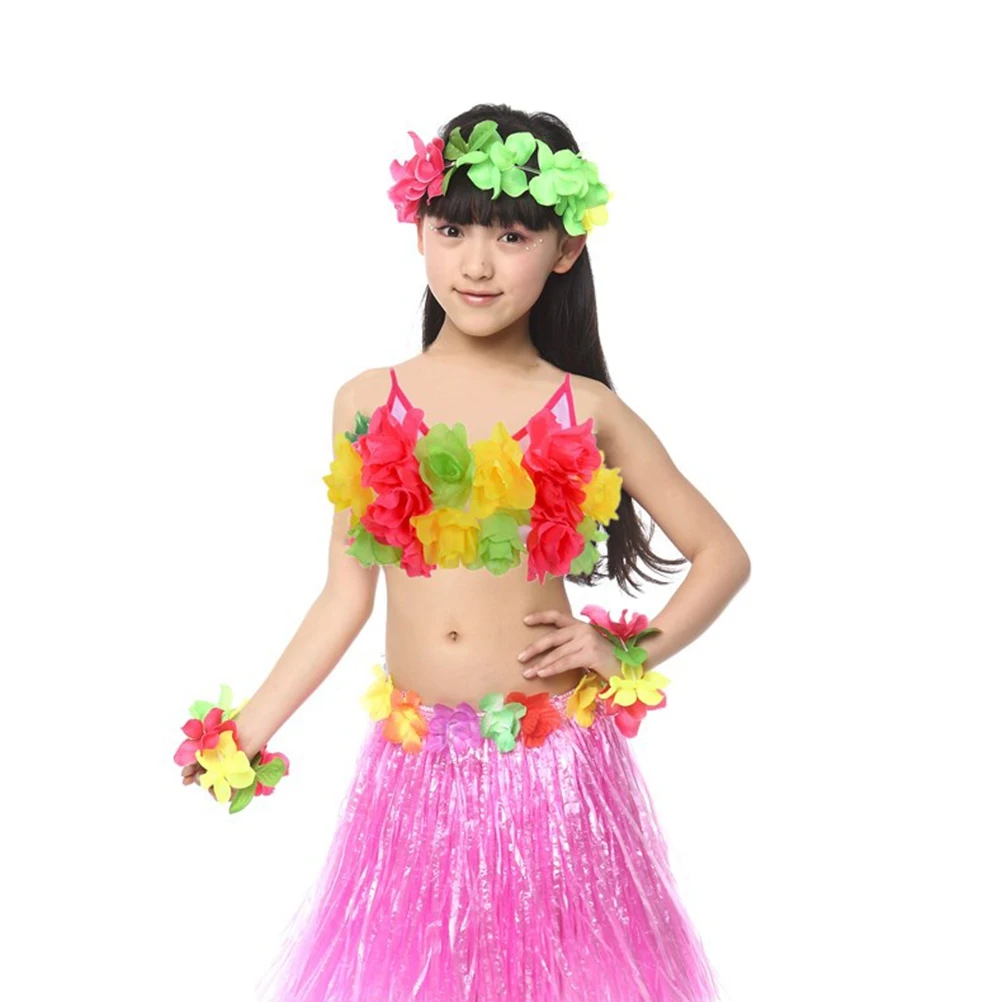 

Hawaii Grass Dance Cloth Kid Polyester Fiber Tropical Flower Design Performance Costume Girl Child for Hawaiian Dance Party