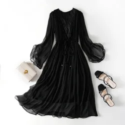 Pure Silk Dress for Women, Embroidery V-Neck, Butterfly Sleeve, Lace Up, Solid Smooth, Mulberry Silk, Summer Dress, 86026