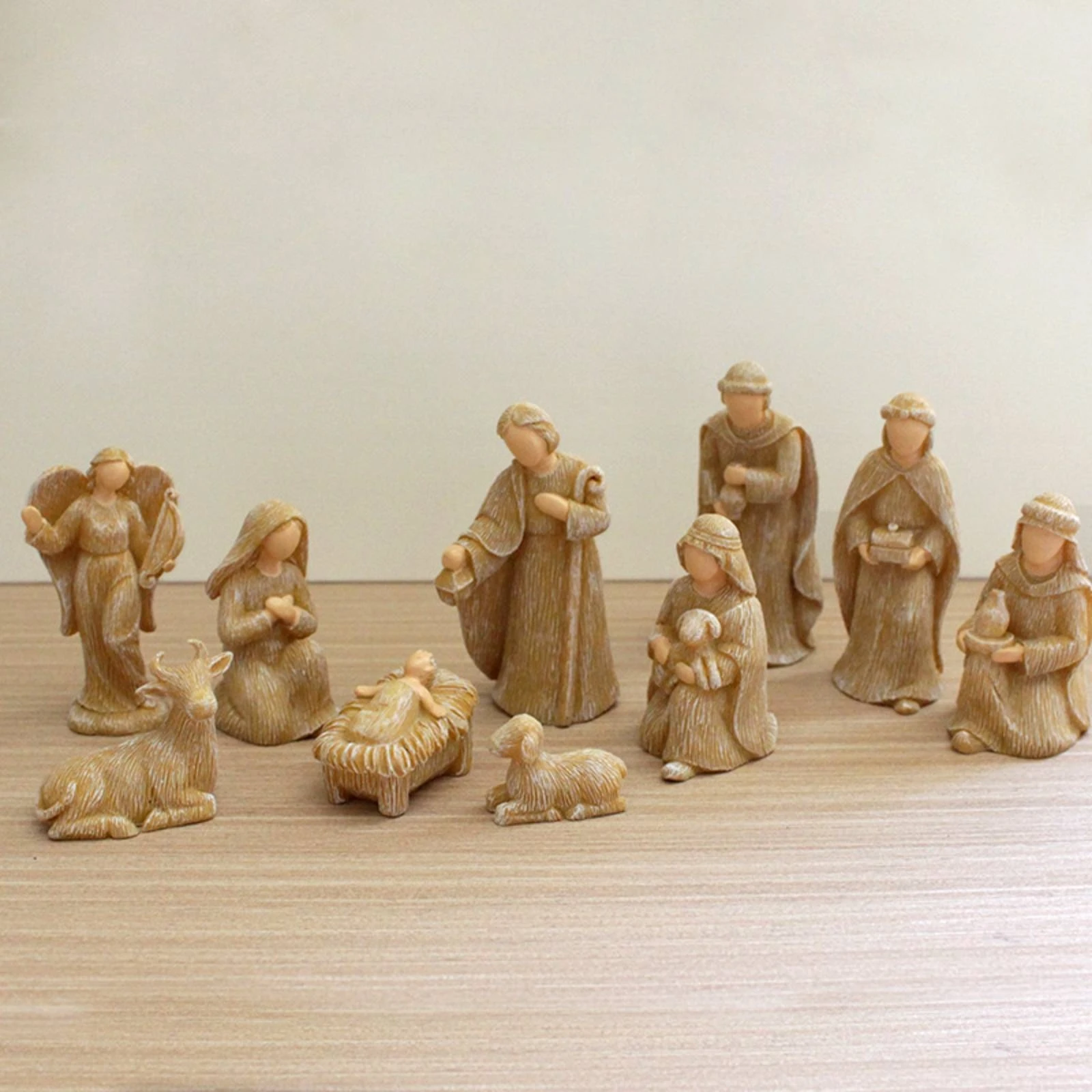 10 Pieces Nativity Figurine Set Carved-Look Manger Display with Religious Figures Ornament Gold-Toned Camel Figure Decorative