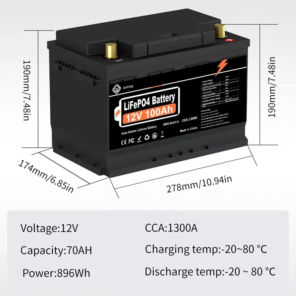 12V 100Ah Rechargeable LiFePO4 Starter Battery Packs for Automotive Jump Starts and Emergency Power Supply