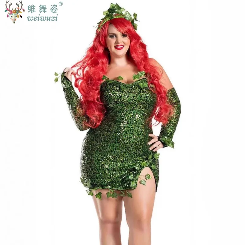 

Women's Poisonous Villain Leaf Elves Sexy Cosplay Costume Dress Set Halloween Deluxe Green Ivy Cosplay Costume Sequin Dress