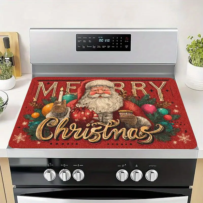VIKAMA Vintage Santa Claus Stove Cover Mat Merry Christmas Print Heat Resistant Cooktop Cover For Kitchen Holiday Decor