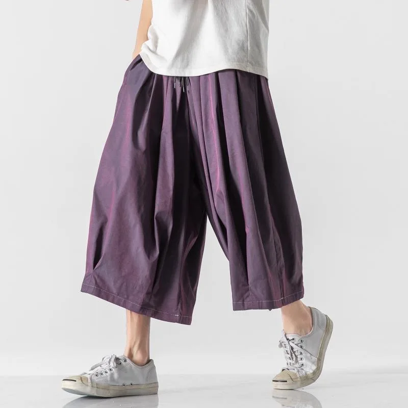 

Men Casual‌ Cropped Capri 3/4 Japanese Pants‌ Male Fashion Trendy Solid Loose Quality Trousers Holographic Calf Length Pants