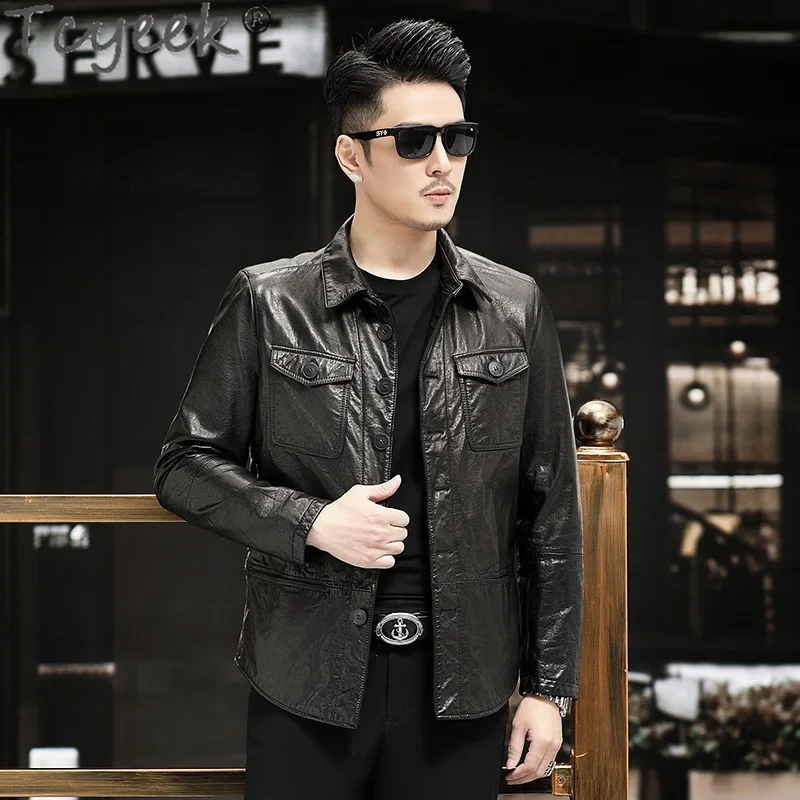 Tcyeek Genuine Leather Jacket Men Oil Wax Cowhide Coat Male Motocycle Jackets New Style Spring Autumn Clothes Chaquetas Hombre