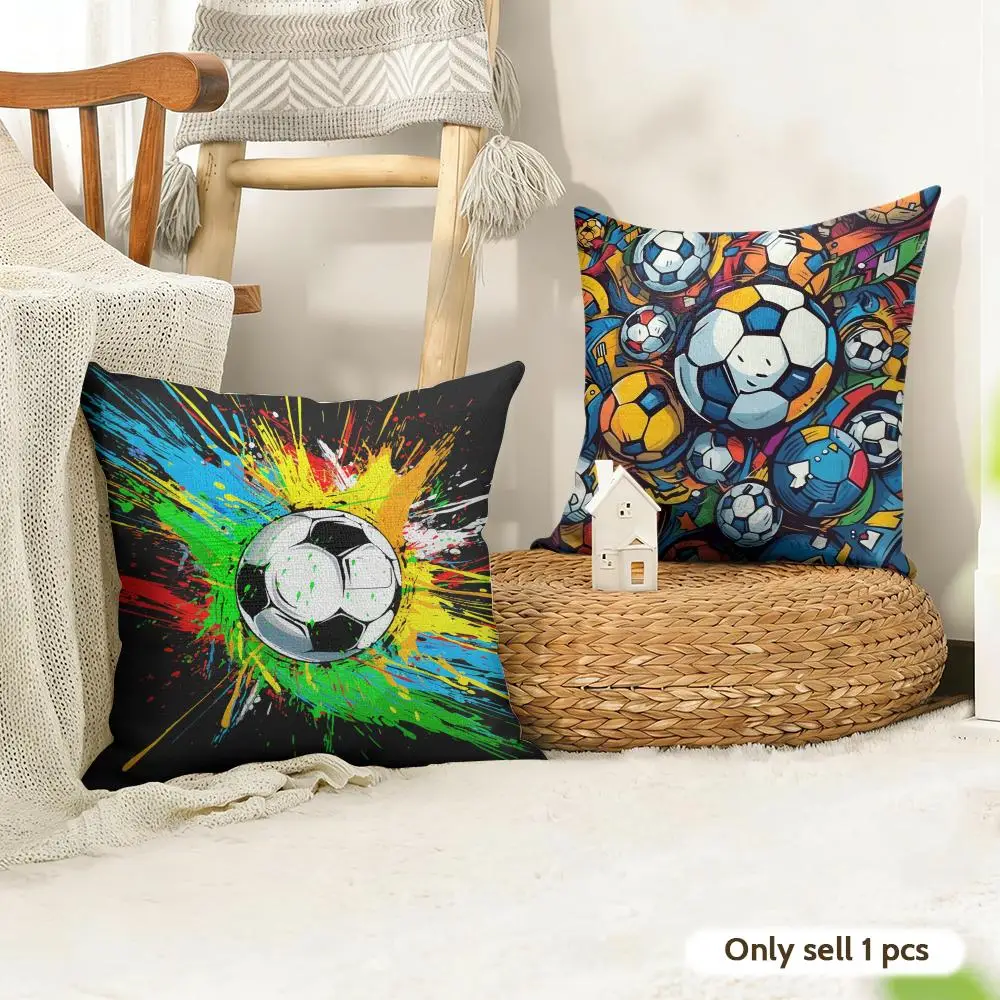 New Football Print Art Cushion Cover Natural Linen Organic Fabric Double-Sided Printing Room Sofa Decor Pillow Case