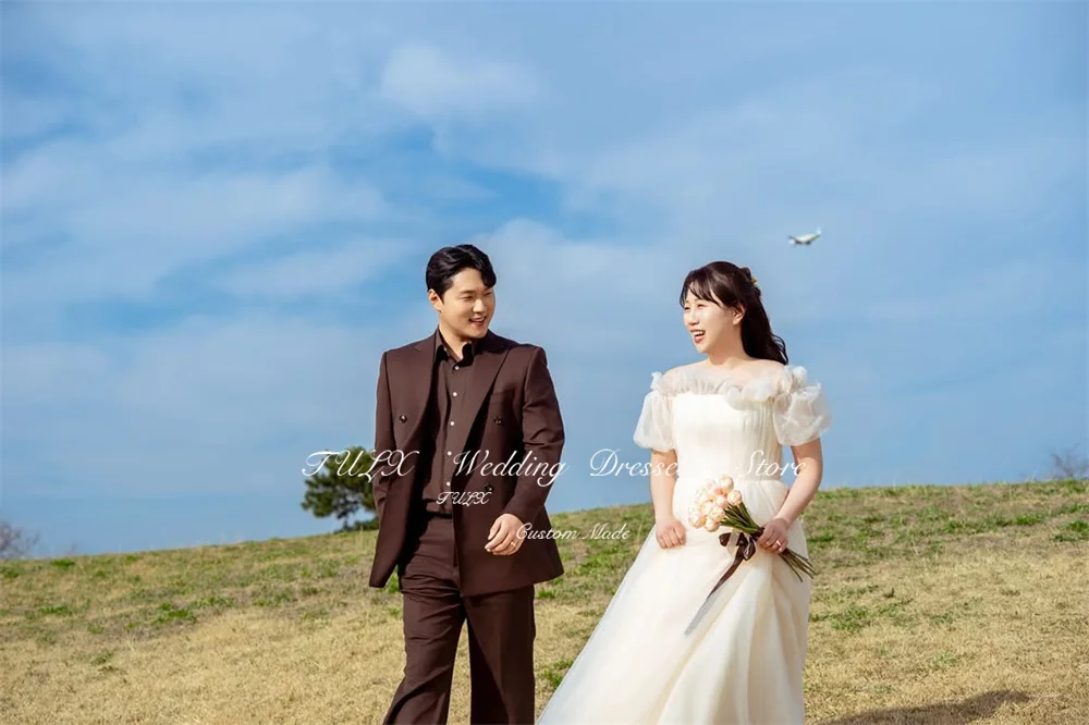 TULX Fairyชุดแต่งงานTulleเกาหลีถ่ายภาพStraplessพัฟแขนชุดเจ้าสาวความยาวชั้นรัดตัว ที่กําหนดเอง 2025