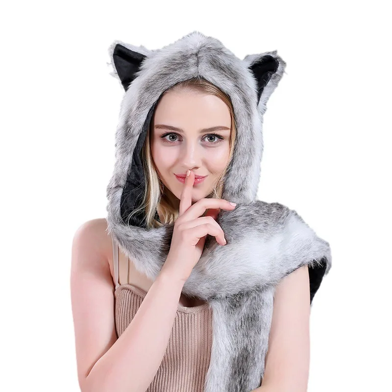 Topi Bulu Wanita Model Kartun, Syal, dan Sarung Tangan dalam Satu Set Tiga-in-Satu, Topi Bulu Lucu untuk Wanita