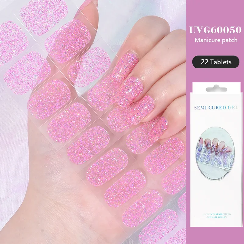 16/20/22 Strips Semi-cured Gel Nail Stickers Glitter Semi-baked Nail Tips Nail Decals Full Cover  Gel Nail Polish  UV Lamp Need