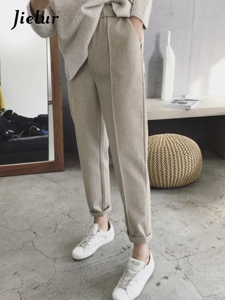 

JIELUR Winter Thicken Women Pencil Pants Wool Pants Female Autumn High Waist Loose Trousers Capris Soft Good Fabric