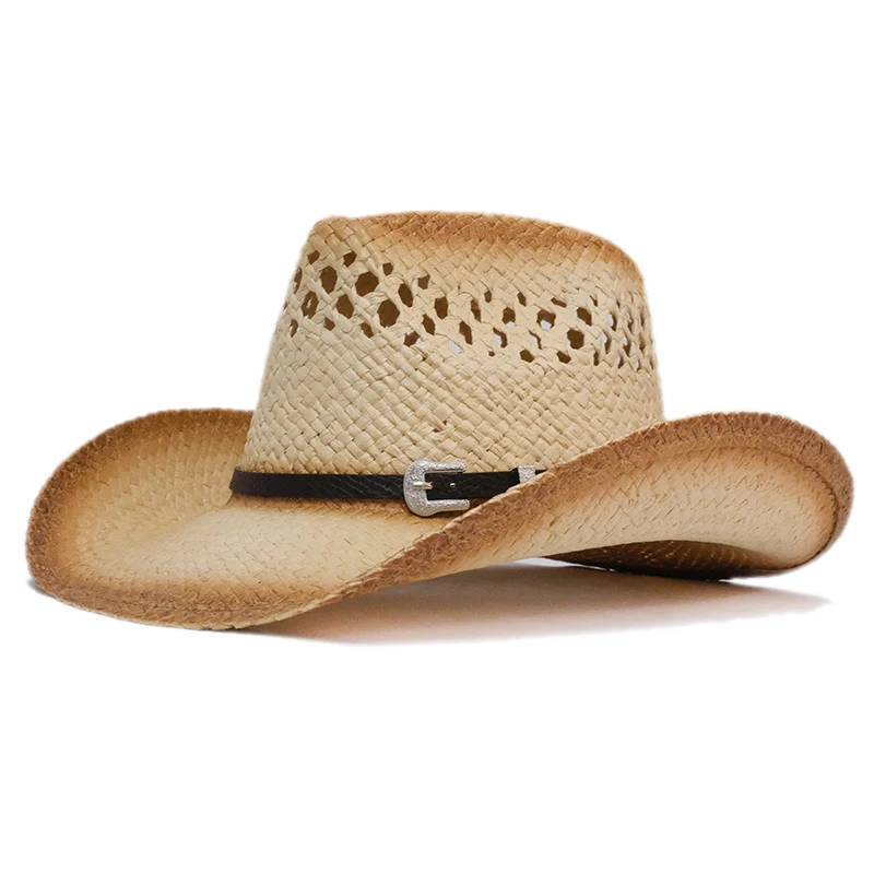 

Vintage Retro Simple Coffee Leather Band Hollowed Out Women Men Straw Wide Brim Beach Cowboy Cowgirl Western Sun Hat