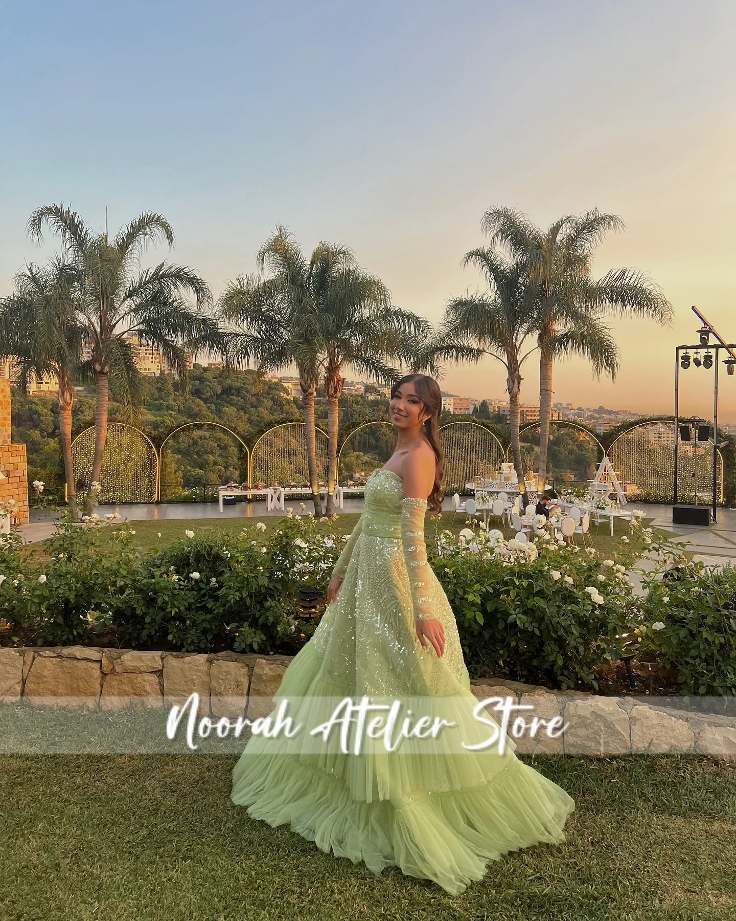 Green Strapless Sequin Tulle Saudi Arabia Evening Dresses With Gloves 2025 Aline Wedding Gown Formal Dresses Customized