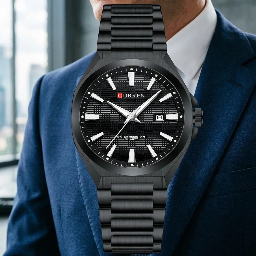 

CURREN Luxury Men's Quartz Watch with Black Stainless Steel Band Casual Design Dial with Luminous Hands Relogio Masculino