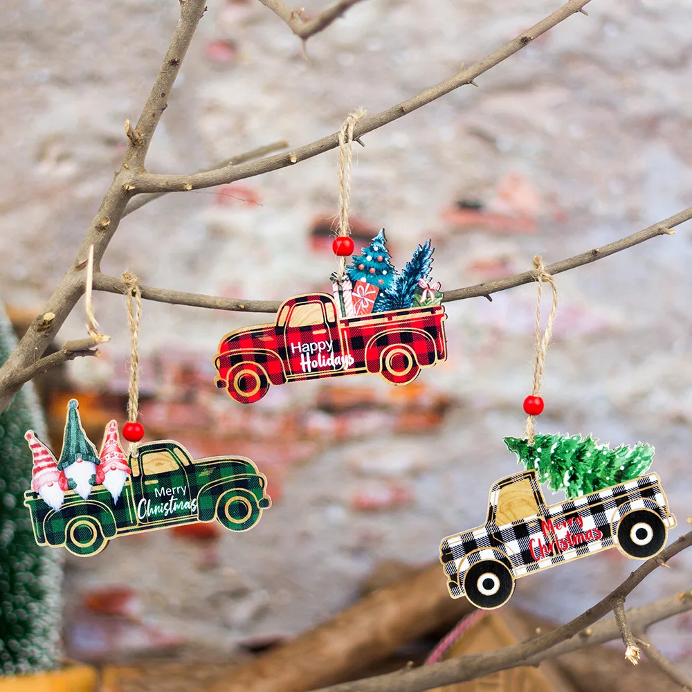 New Christmas Decorations Wooden Lattice Car Christmas Tree Hanging Ornaments Santa Claus Wooden Pendant