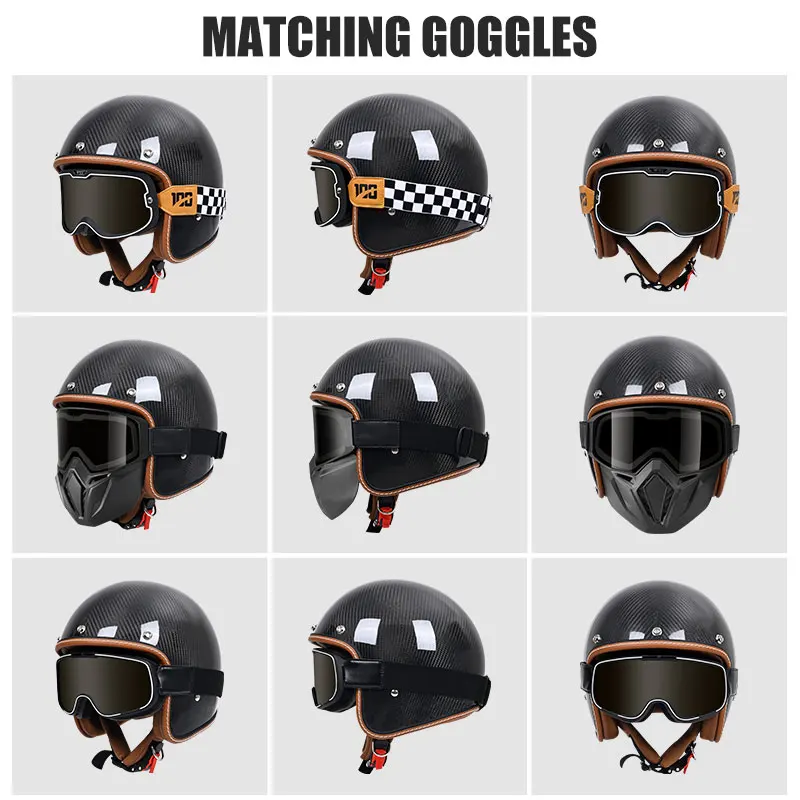 Retro Carbon Fiber Helmet Motorcycle 3/4 Open Face Helmet Motocross Racing Casco Motorbike Helmets casco de moto DOT Approved