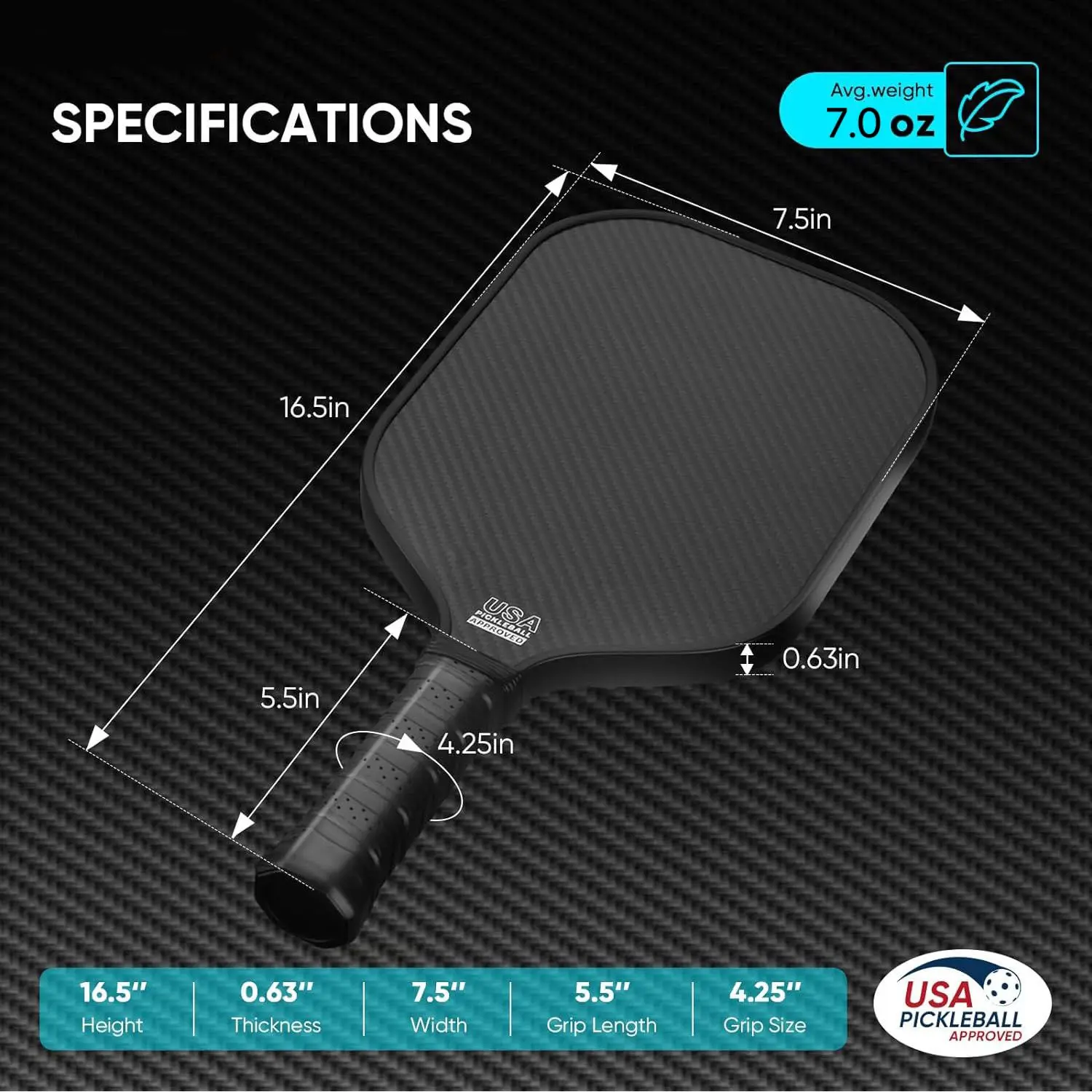 Pickleball Paddle 3K Carbon Fiber Surface 16MM PP Honeycomb Core USAPA Compliant Enhanced Power Sweet Spot  Anti-slip Hand Grip