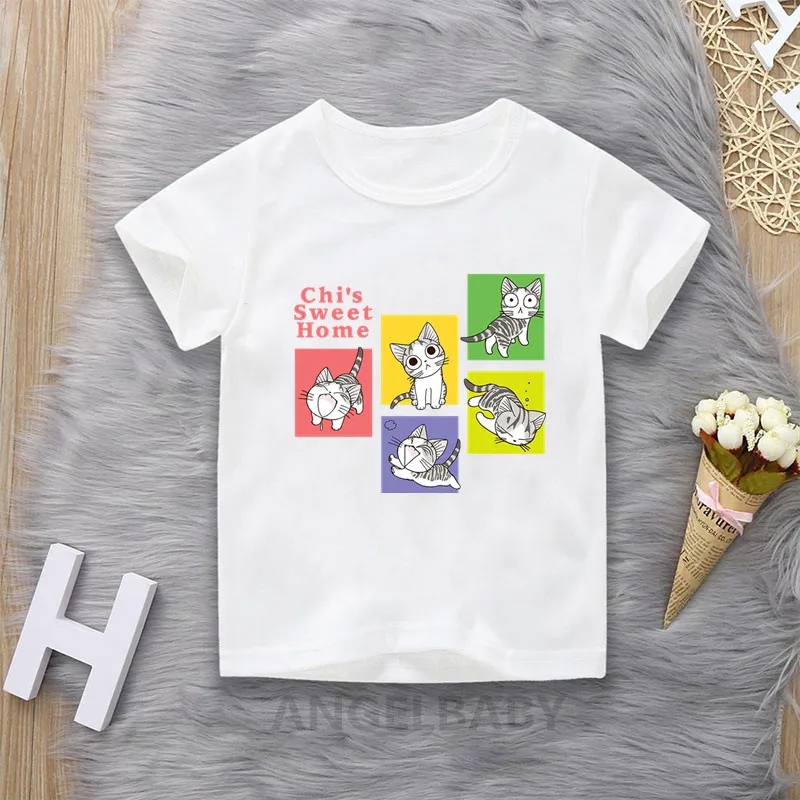 Camiseta de dibujos animados de gato Kawaii para niños, Tops bonitos de verano para niñas, ropa para bebés, camiseta de manga corta divertida para