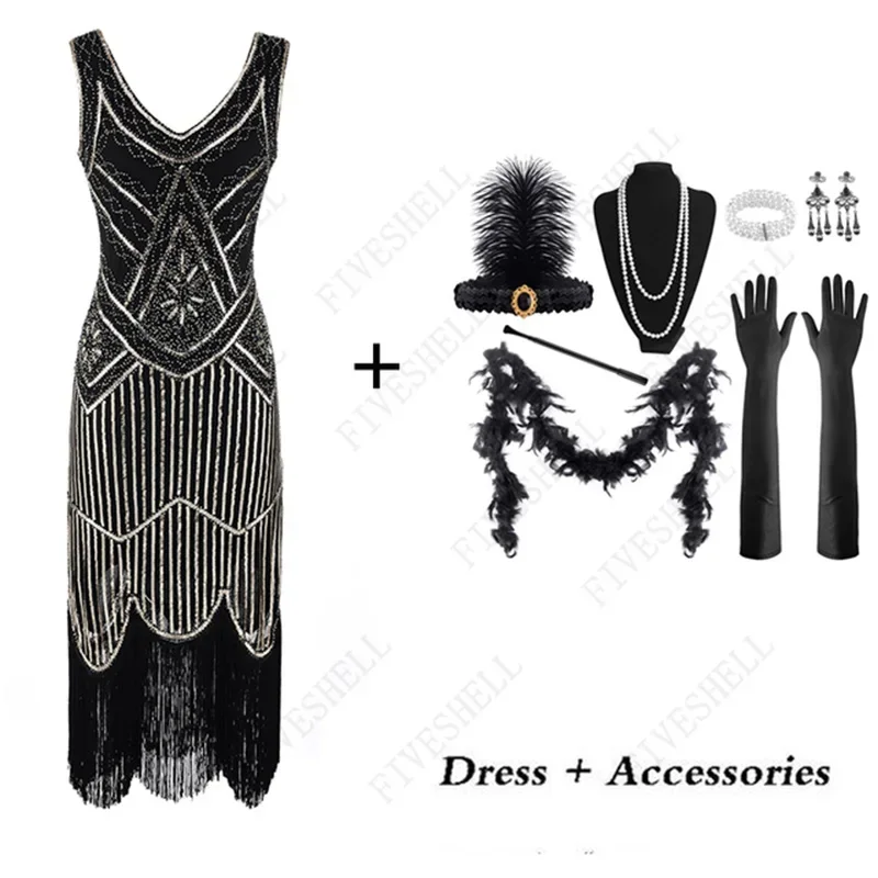 2023 HOT SALES Retro 1920s Style Women Vintage Beaded Sequined Deco Fringe Flapper Gatsby Dress flapper accessories include MS20