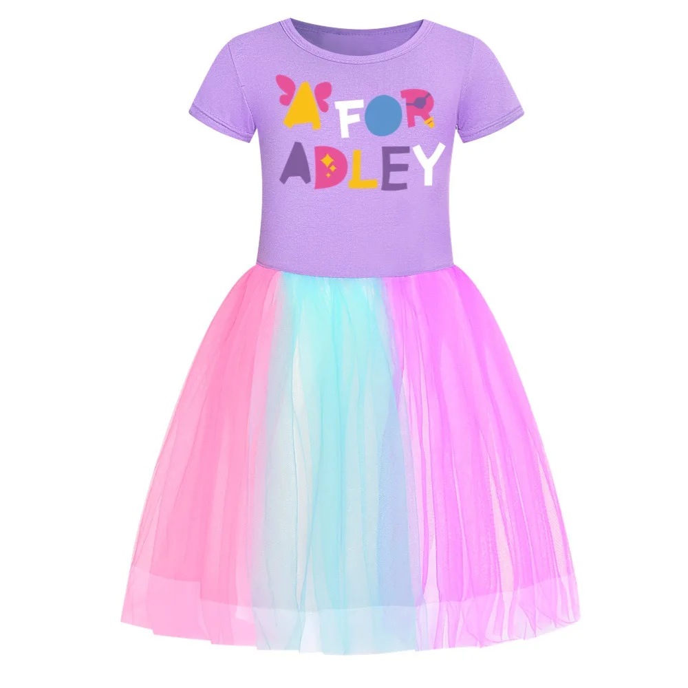 Children A FOR ADLEY Clothes Kids Summer Short Sleeve T Shirt Mesh Casual Dresses Toddler Girls Lace Ball Gown Princess Vestidos