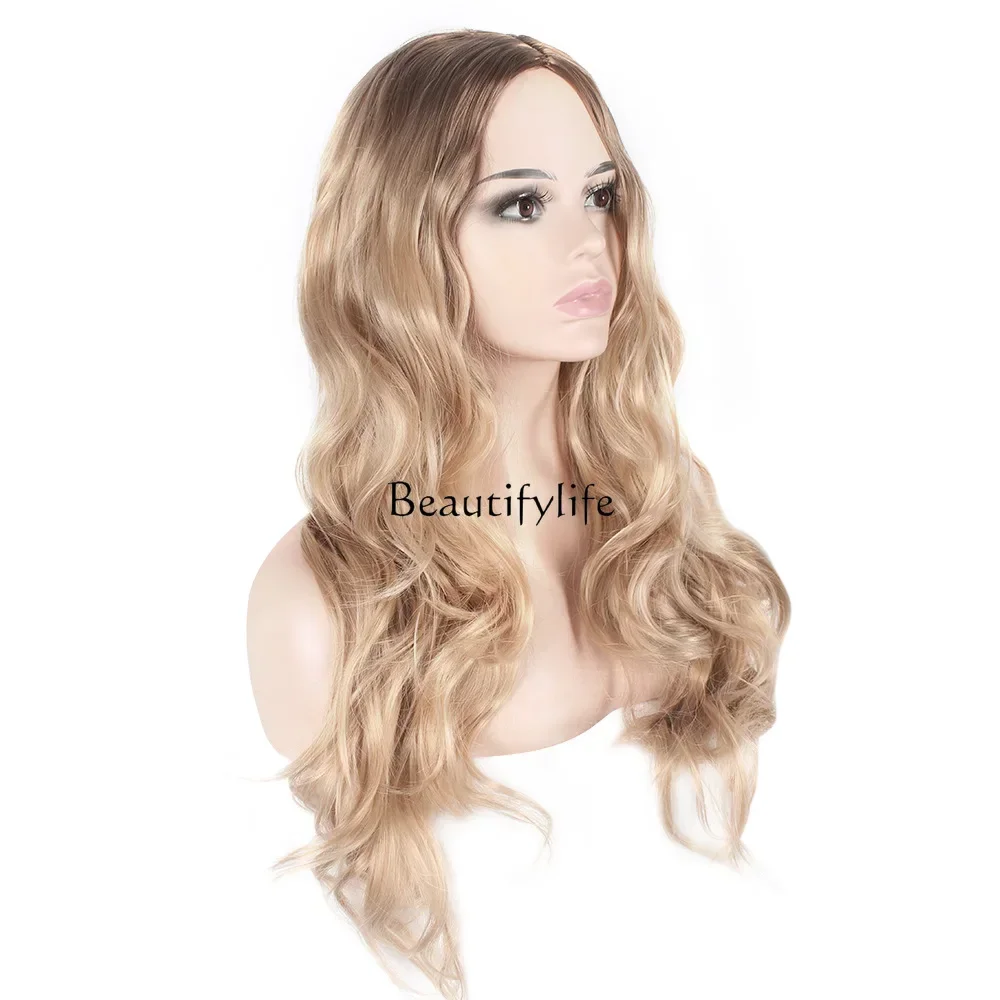 New wig dyed in gold with no bangs, long curly hair, synthetic high-temperature silk, full head cover wholesale