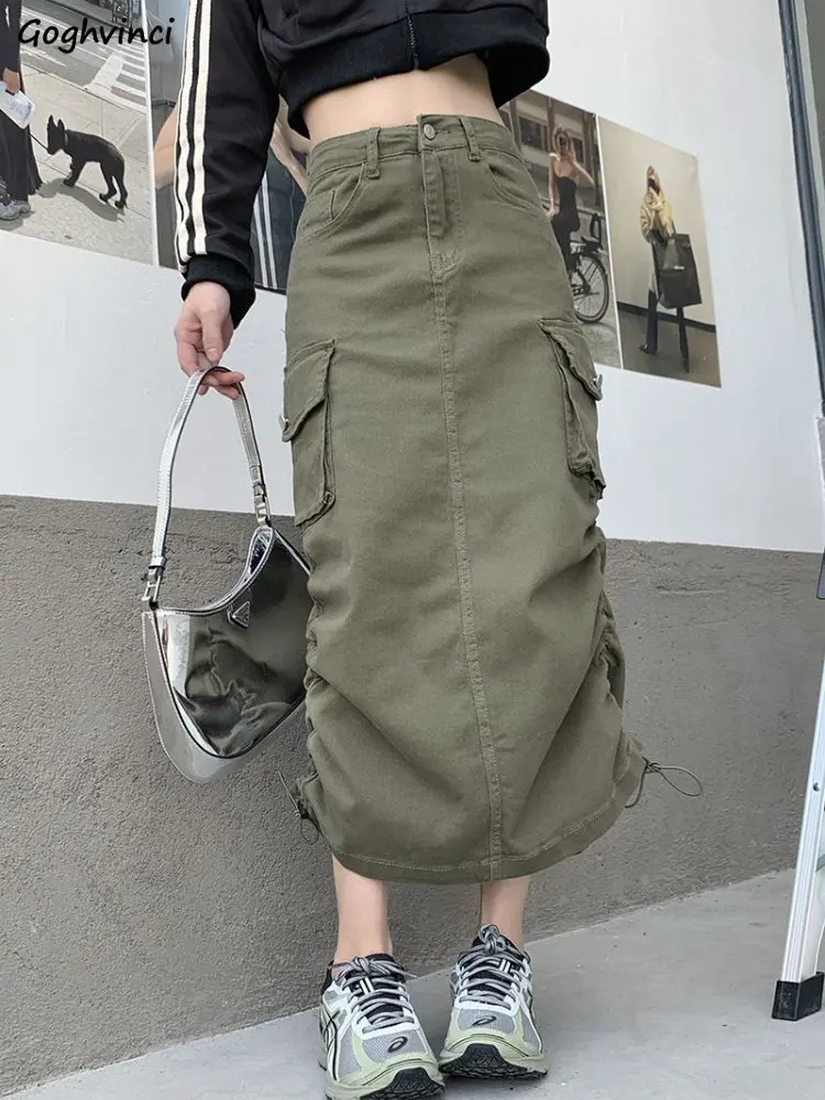 

Safari Style High Waist Midi Skirts Women Leisure Simple Denim Shirring Design Behind-Slit Streetwear Y2k Spring All-match Falda