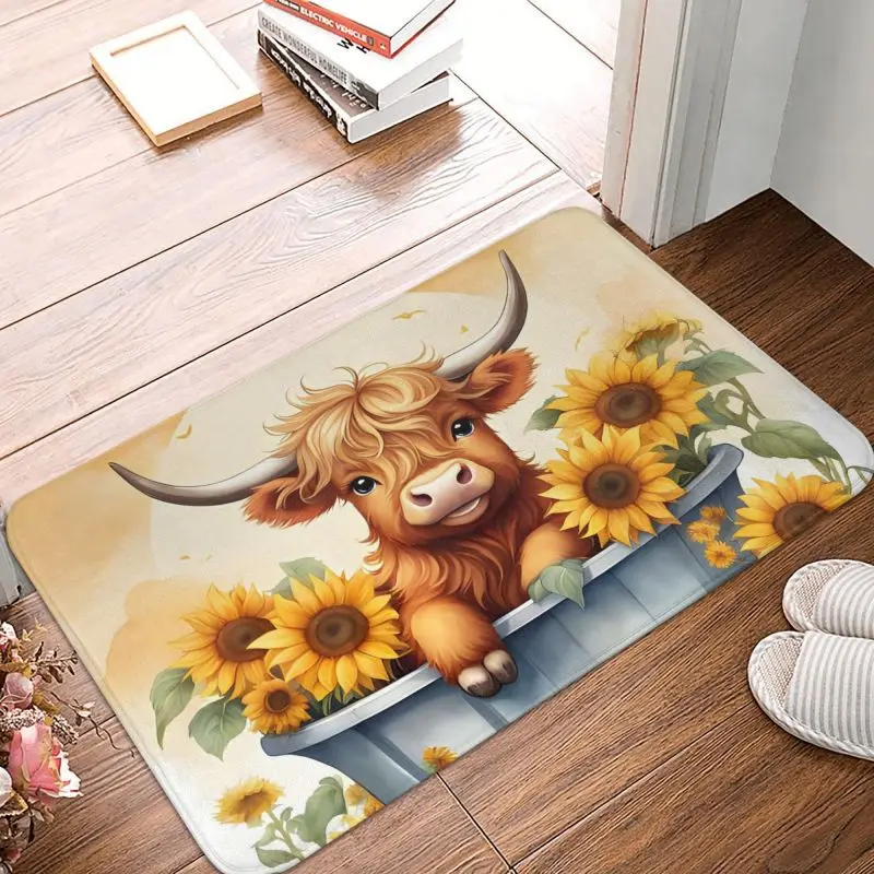 Custom Highland Cow And Flower Doormat Anti-Slip Entrance Bath Kitchen Floor Door Mats Living Room Carpet Rug