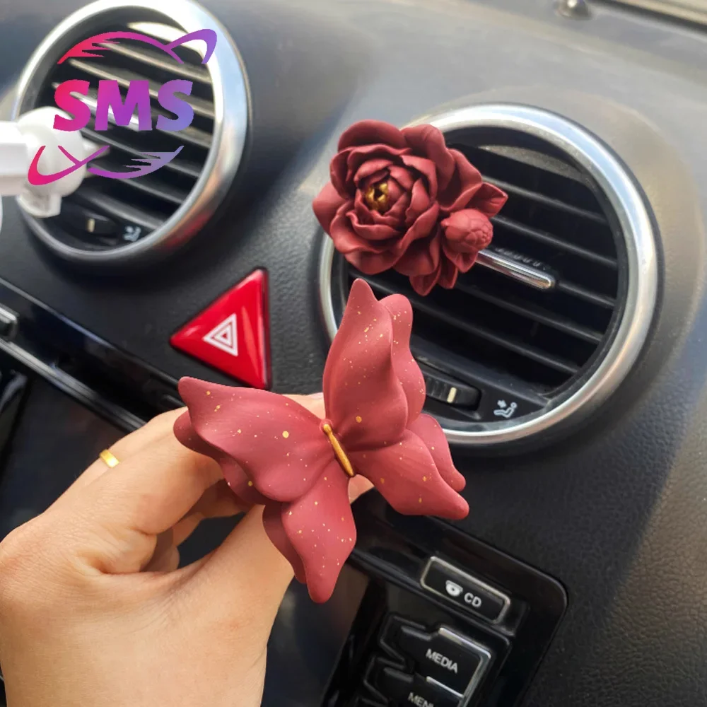 

High-end retro red butterfly, flower car aromatherapy car air outlet decoration decorative scent stone car interior ornaments