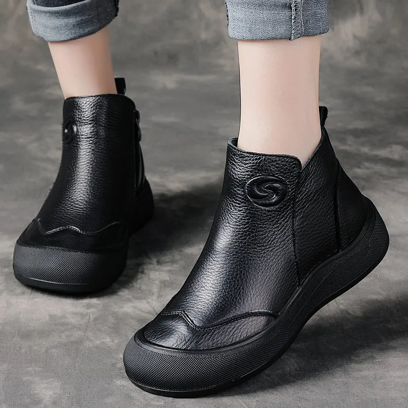 

Зимние женские ботинки на меху из натуральной овчины, на плоской платформе, в стиле ретро, повседневные, теплые, из натуральной кожи