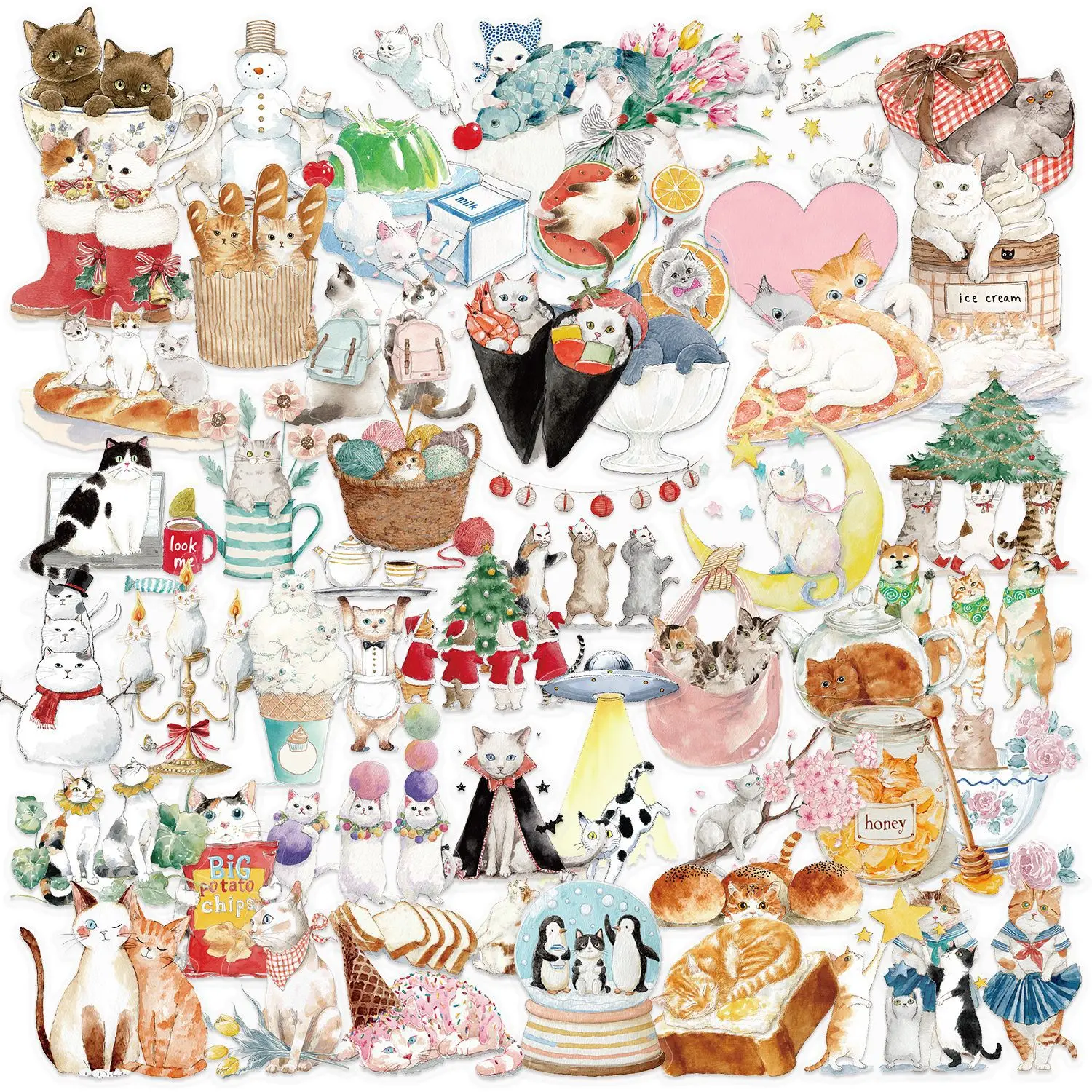 50 Stück Niedliche Katzen-Transparente Graffiti-Aufkleber Dekoration für Gepäck, Handy, Gitarre, Scrapbook Wasserfeste Aufkleber Klassisches Kinderspielzeug