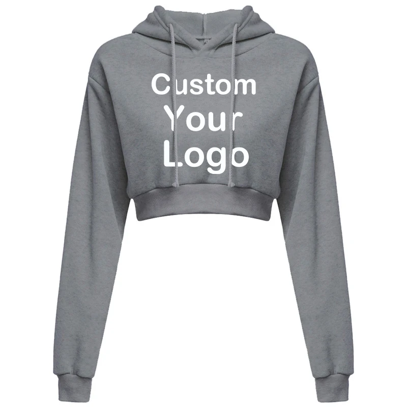 Customized Logo Print Crop Hoodie Women Spring Autumn Pullovers Ladies Solid Color Drawstring Hooded Full Sleeve Sweatshirt