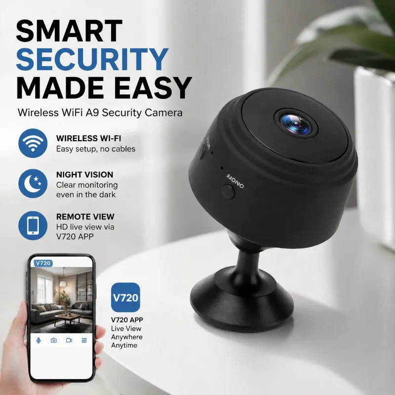 Wireless WiFi Security Camera A9 Black Home Surveillance Cam with Night Vision Option, HD Remote View via V720 APP