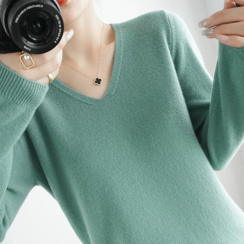 Loose Long Sleeve V-Neck Knitwear Women's Fashionable Base Layer Turtleneck Pure Color Versatile Woolen Sweater Autumn Winter...