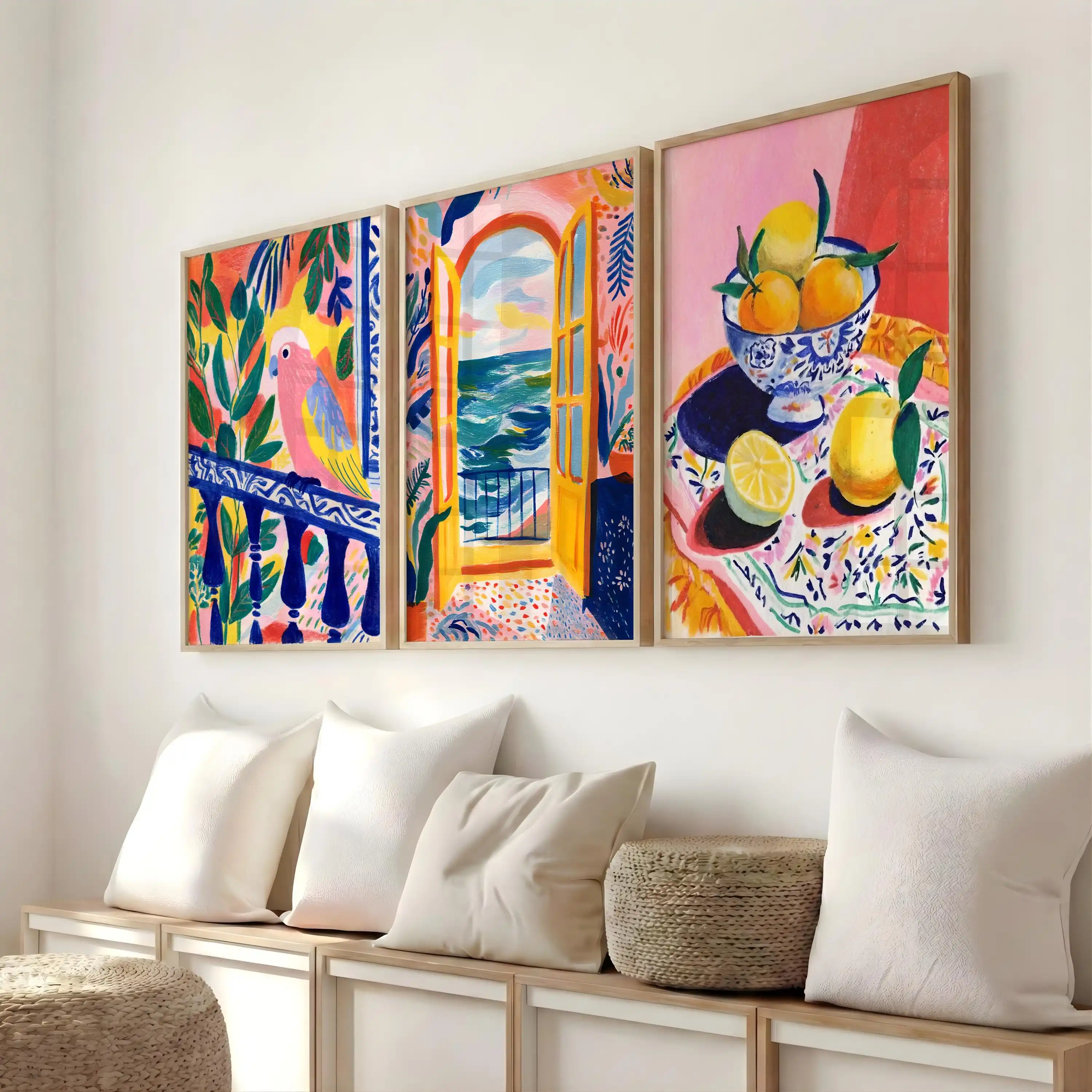 3pcs frameless Canvas Painting Set of 3 Mediterranean Wall Art Prints,Matisse Style Gallery,Coastal Summer Decor, Colorful Maxim
