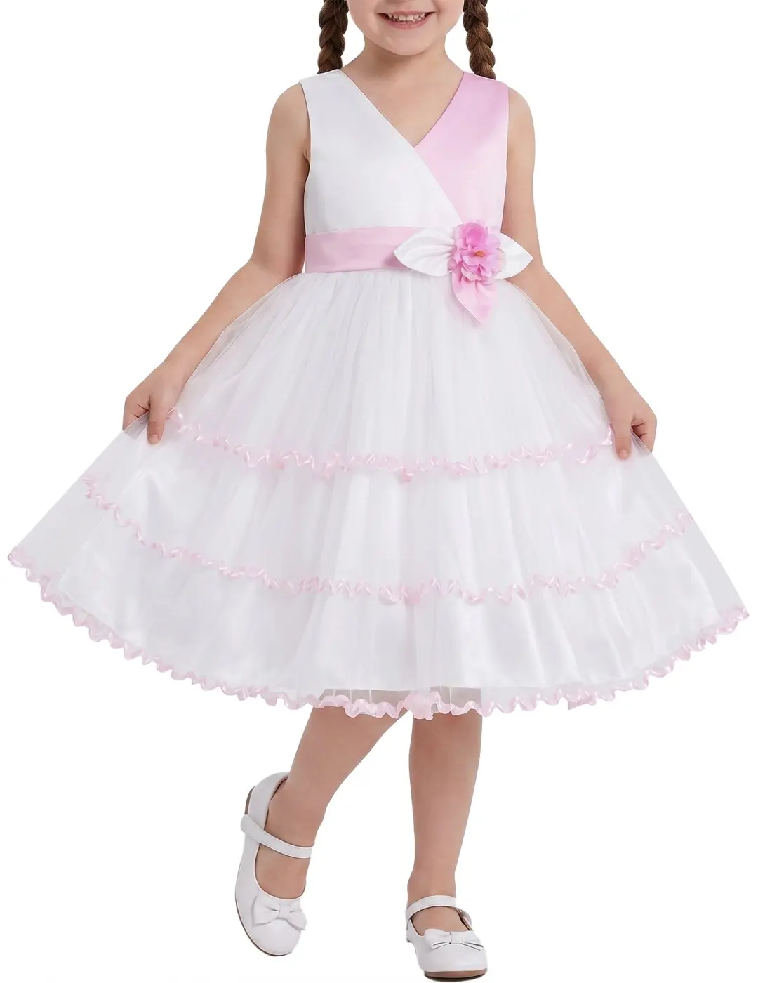 Flower Girls Dress Pink White Contrast Sleeveless Ruffle Tulle Summer Wedding Pageant Party Dresses