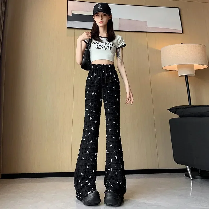 Spring Summer Lace Pants 2024 New Elastic High Waist Bow Print Micro-La Fashion Pants Women Black White Elastic Waist Trousers