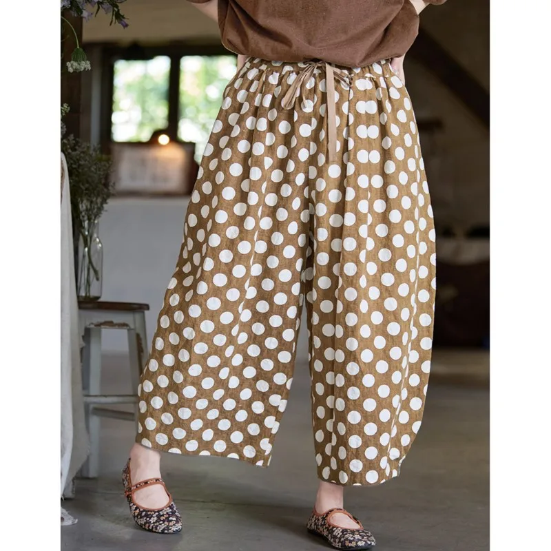 Johnature Retro Polka Dot Linen Lightweight Breathable Loose Casual Pants New Autumn Elastic Waist Versatile Cropped Pants