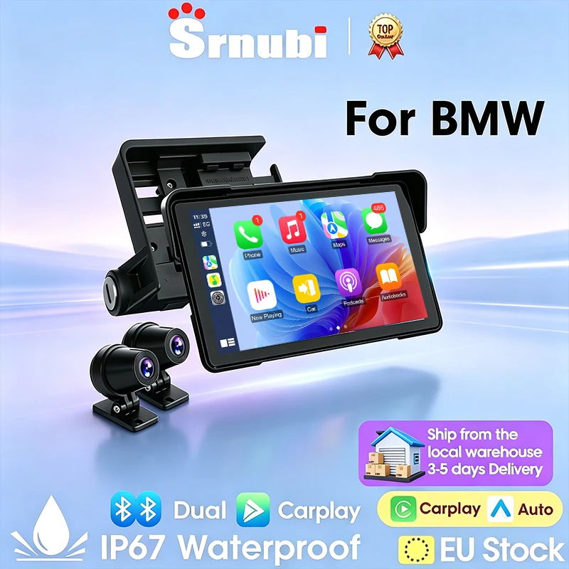 Écran d'affichage numérique portable Srnubi de 7,0 pouces pour moto avec CarPlay sans fil et Android Auto, étanche IP67, DVR, navigation GPS, Bluetooth, accessoire électronique pour moto