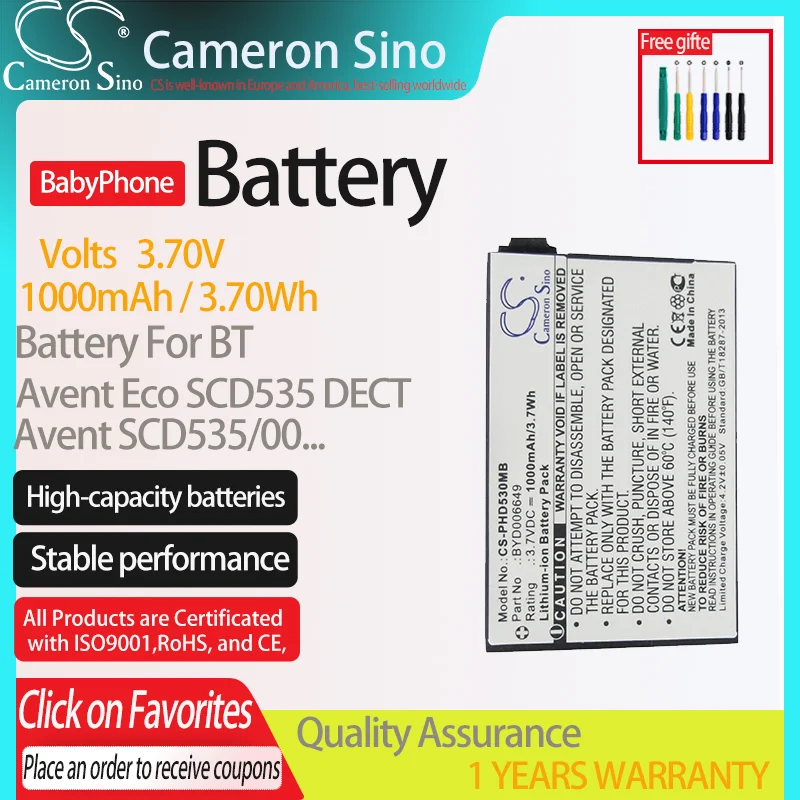 CameronSino Battery for BT Video Baby Monitor 1000,BM1000 fits BYD006649.BabyPhone Battery.