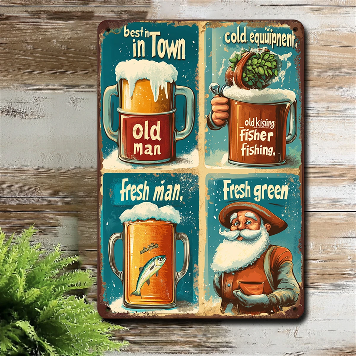 Vintage Tin Painting Wall Decor Cartoon Abstract Beer Bottle Pattern Ideal for Kitchen Cafe Dining Room Garage Size 8X12 Inches