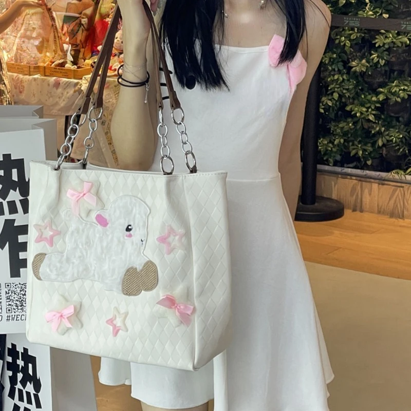 Japanese Fashion Kawaii Cartoon Sheep Women\'s Handbags Sweet Cute Bow Star Shoulder Underarm Bag High-capacity Y2k Ins Tote Bags