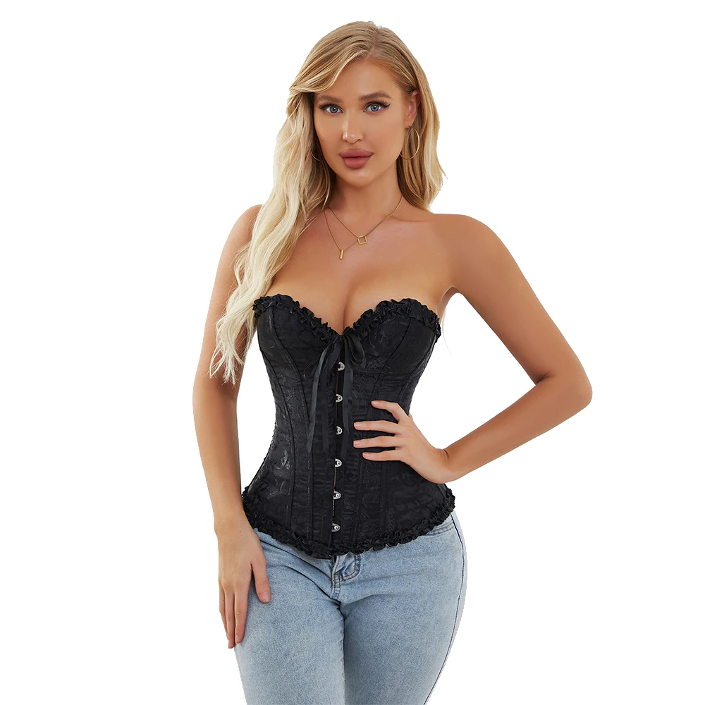 Jacquard Floral Overbust Corset Front Busk/Zipper Waist Bustier Top Elegant Corselet Basques