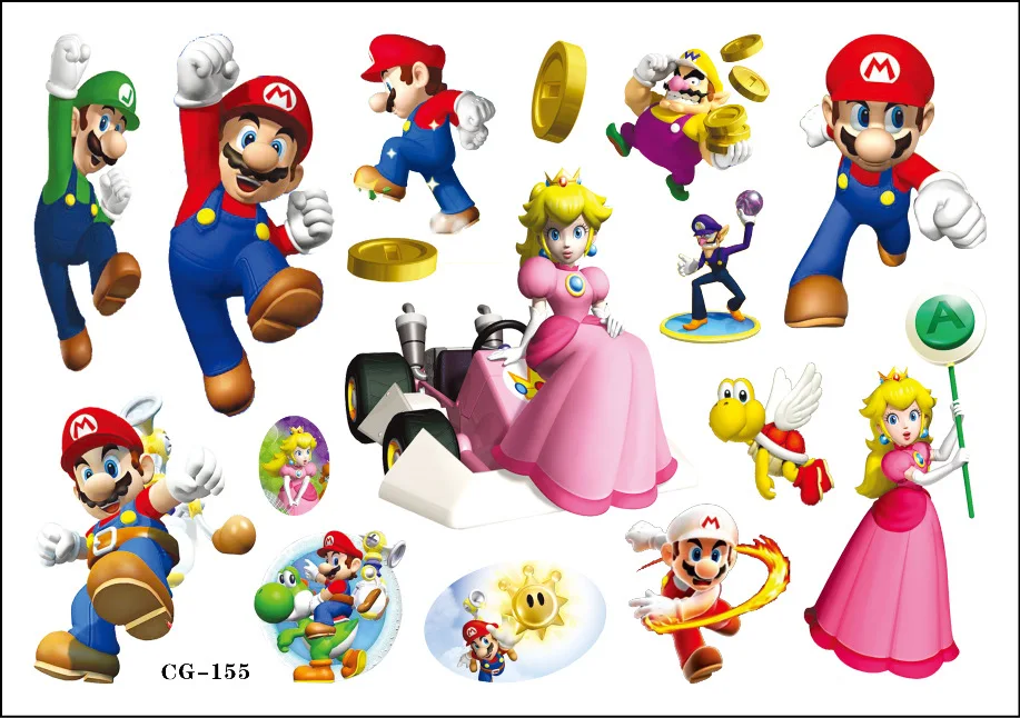 Autocollants de tatouage Super Mario Bros pour enfants, figurine d\'anime Kawaii, décoration de fête d\'anniversaire, autocollants de jeu de dessin