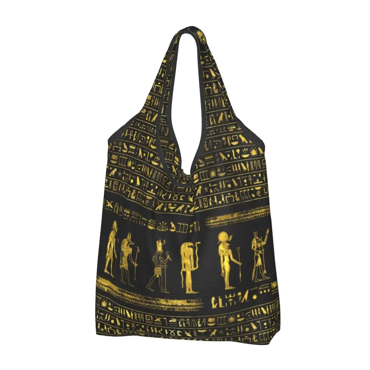 

Funny Printed Golden Egyptian Gods Hieroglyphics Tote Shopping Bag Portable Shoulder Shopper Ancient Egypt Symbol Handbag