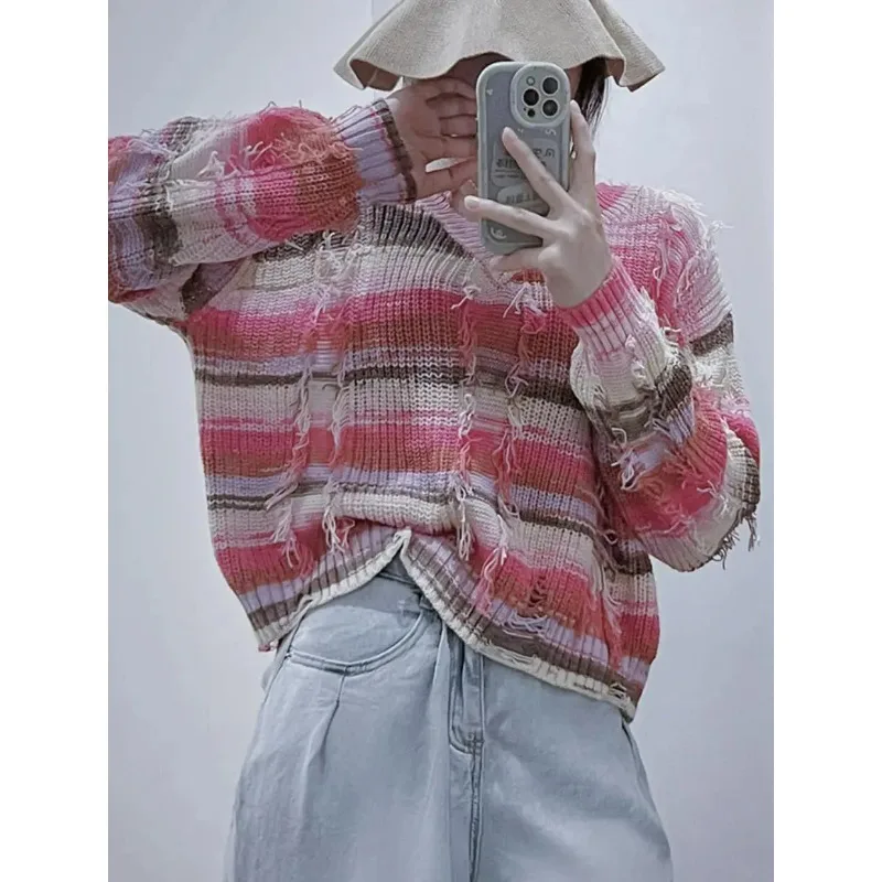 Striped Knitted Sweater Women 2024 Autumn New V-Neck Long Sleeve Tassel Hollow Out Pullovers Korean Panelled Crop Jumpers