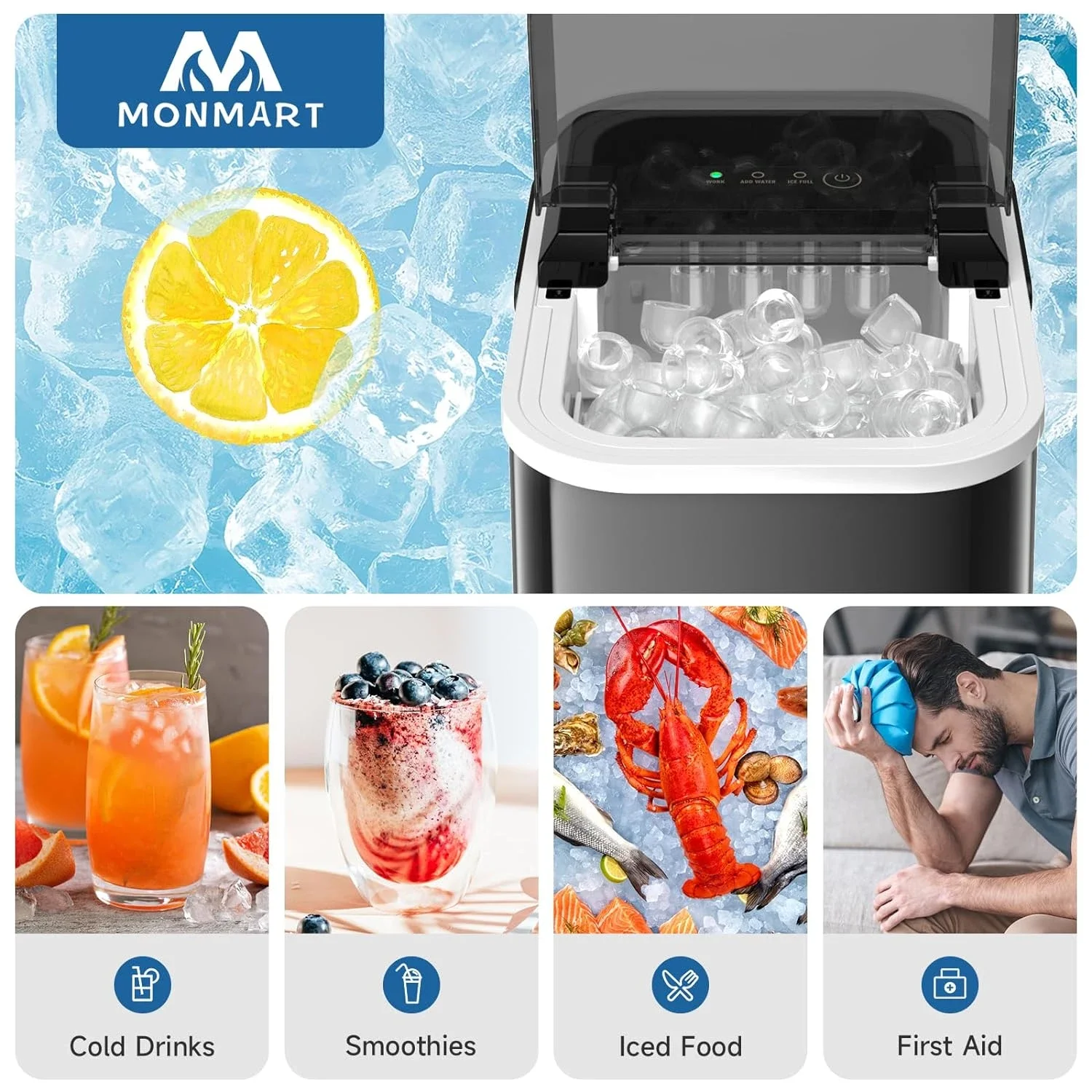 Convenient Self-Cleaning Ice Maker Machine with Handle for Countertop Use, Produces 26.5lbs of Ice in 24 Hours, Delivers 8 Cubes