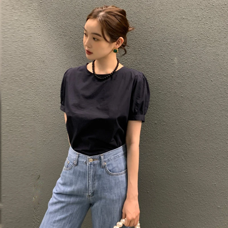 Csa de Manga Curta com Design de Manga Bufante, Csa Bonita com Alça nas Costas, Estilo Coreano, Decote Redondo, Ajuste ...