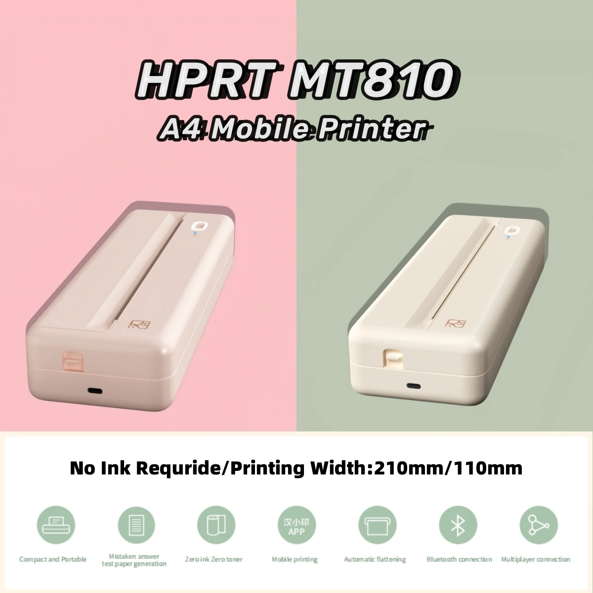 HPRT MT810 A4 Portable Paper Printer Thermal Printing Wireless BT Connect Compatible with iOS and Android Mobile Photo