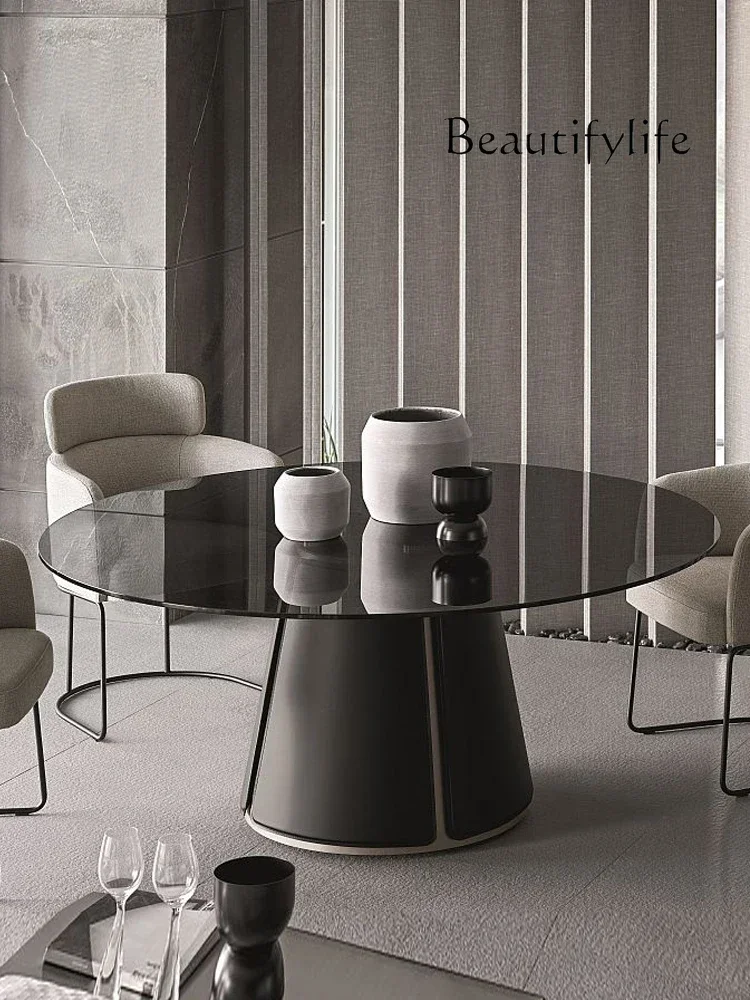 

Italian-Style Light Luxury Tempered Glass Dining Table and Chair Combination Household Stainless Steel Foot round Dining Table