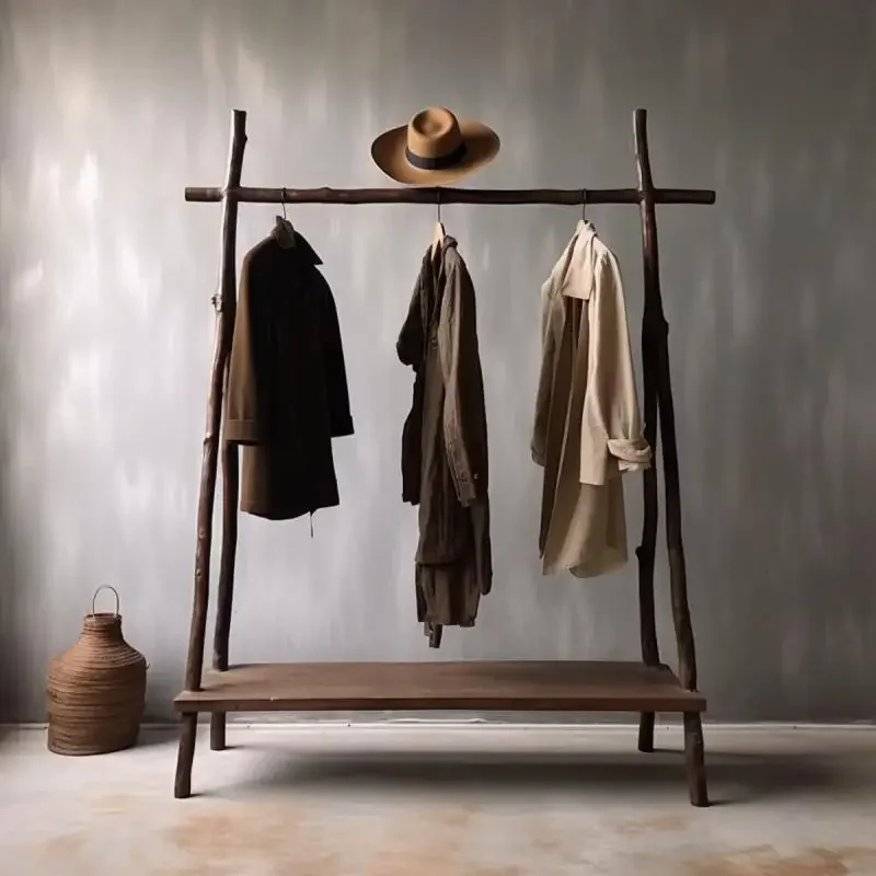 Wabi Sansan Wind Solid Floor Coat Rack Homestay Hotel Clothing Store Display Decorative Zen Tea Room Bogu