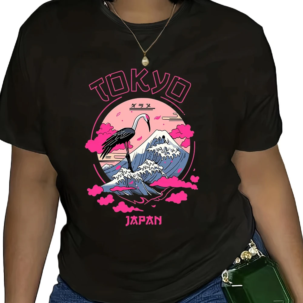 Ins Style Vaporwave Tokyo Crew Neck T-Shirt, Fuji Mountain Cherry Blossom Print Cotton Tee, Harajuku Aesthetic Casual Top