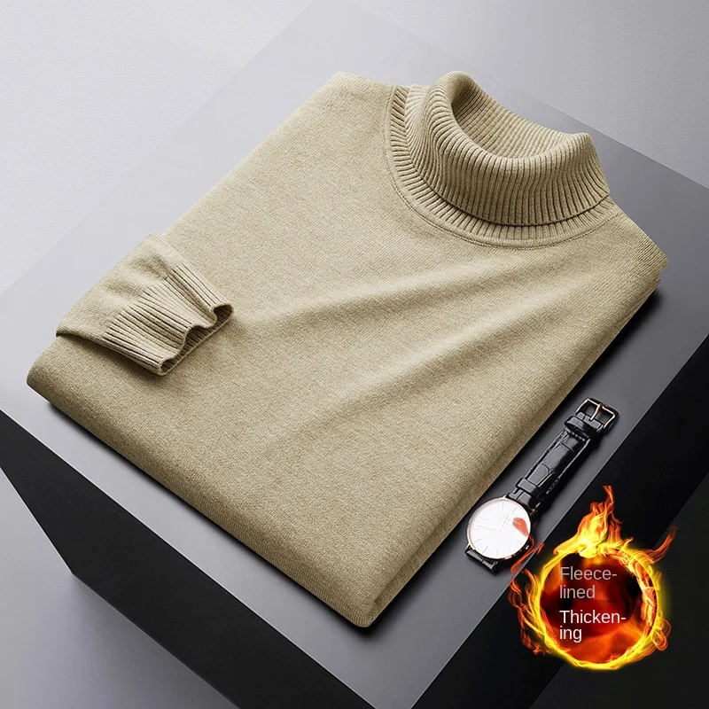 Winter Thermal Turtleneck Sweater Men's Fleece-lined Cold-Resistant High-End All-Match Stretch Casual Fashion Thickened Solid Co